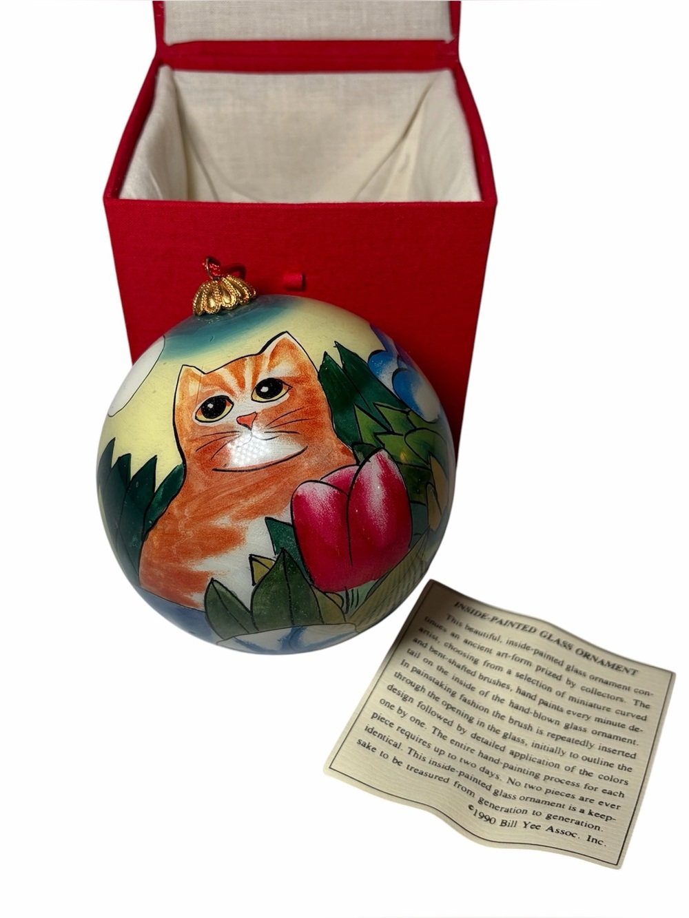 1990 BILL YEE Inside Painted Glass Christmas Ornament CATS and FLOWERS with Box